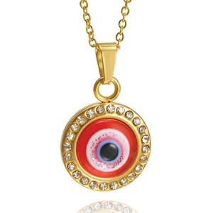 Collier mauvais oeil en émail rouge avec cristaux et chaîne dorée en acier