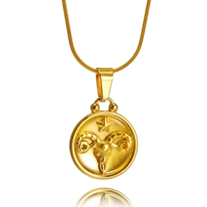 18K gold plated stainless steel Aries zodiac necklace with embossed ram pendant and snake chain
