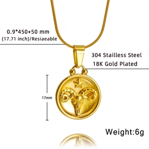 Macro view of Aries 18K gold plated stainless steel zodiac pendant on a snake chain