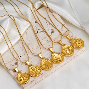 18K Gold Plated Stainless Steel 12 Zodiac Sign Embossed Coin Pendant Necklace Double Sided Wear Snake Chain Jewelry For Women