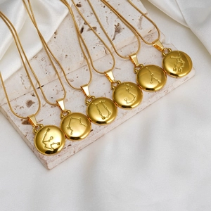 Detail of six gold 18K stainless steel zodiac pendant necklaces on a silk background