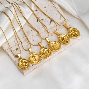 18K gold-plated zodiac necklaces with engraved celestial pendants on snake chains