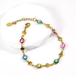 Colorful evil eye bead bracelet with 18K gold plated stainless steel heart charms