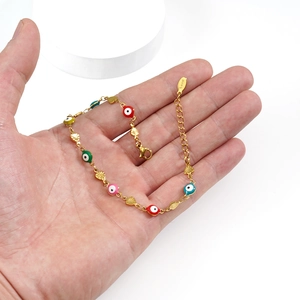 Colorful beaded evil eye bracelet in 18K gold plated stainless steel with heart charm