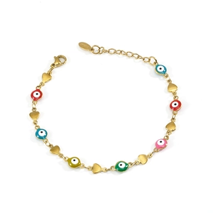 Colorful Evil Eye and gold heart charm bracelet in 18K gold plated stainless steel