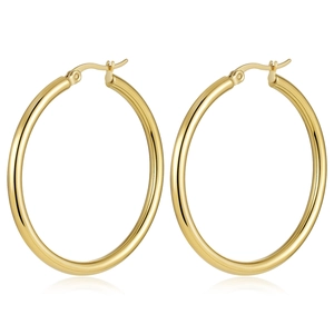Minimalist polished golden stainless steel round hoop earrings with mirror finish and secure clasp