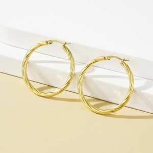 Polished golden twisted rope hoop earrings made of durable stainless steel for women