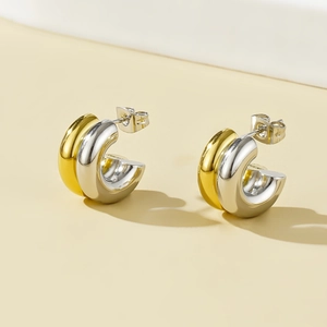 Two-Tone Chunky Hoop Earrings Stainless Steel 18K Gold Plated C-Shape Minimalist Waterproof Hypoallergenic Fashion Women