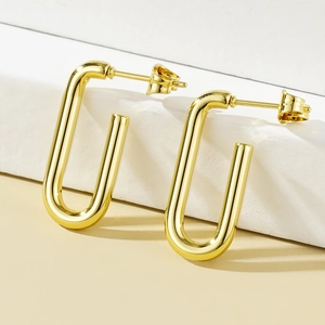 Minimalist U-Shaped Stainless Steel Hoop Earrings 18K Gold Plated Geometric Rectangular Ear Buckles For Women Modern Jewelry