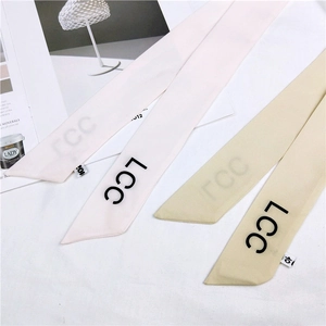 Solid color skinny silk scarves with LCC letter print in pink and beige shades