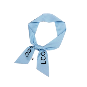 Light blue solid color neck scarf with LCC letter print in soft silk-like polyester fabric