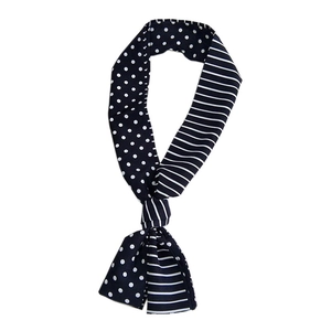 Foulard étroit bleu marine à rayures et pois disposé avec un nœud élégant sur fond blanc