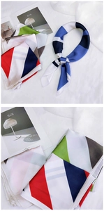 Vue détaillée du foulard en soie aux motifs géométriques colorés noué de façon élégante
