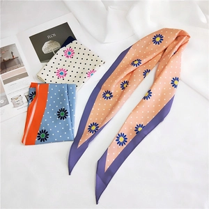 French Style Satin Neck Scarf Floral Daisy Polka Dot Print Long Strip Headband Bag Ribbon For Women Accessories