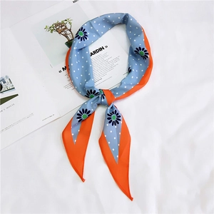 Blue polka dot sunflower silk scarf with bright orange contrast trim for women