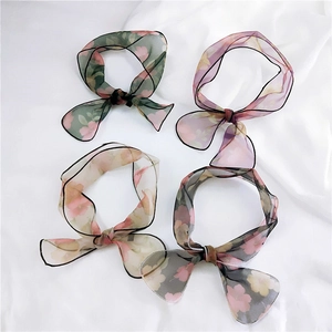 Floral Print Small Scarf Elegant Organza Necktie Versatile Hair Band Bag Accessory For Women Fresh Style