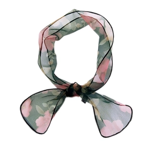 Floral chiffon scarf tie in dark green and pink blossom pattern for hair and neck