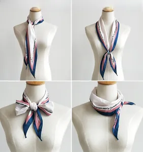 Four different styling ways for this printed diamond silk scarf shown on a white mannequin