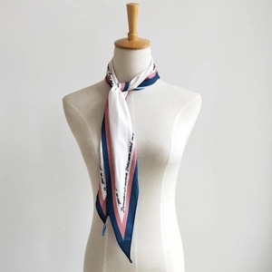 Pink and blue tricolor silk diamond scarf with elegant French typography lettering