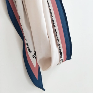 Striped silk scarf with navy and pink panels and French script on white backdrop