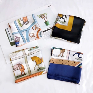 Four-pack of elegant 70cm square silk scarves with equestrian horse themed prints