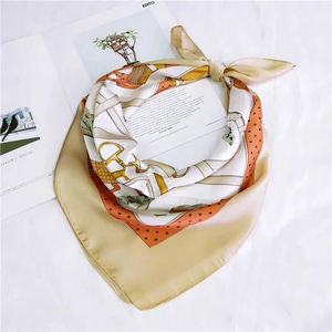 French retro style 70x70 square satin silk scarf with champagne gold horse bit pattern