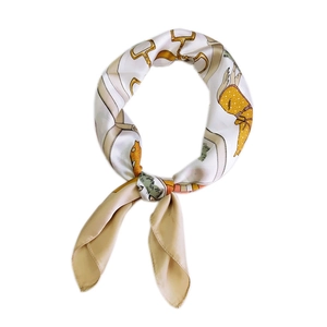 Elegant silk-textured square scarf with equestrian patterns and horse illustrations