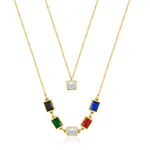 Double-layer gold stainless steel necklaces with colorful square zircon pendants