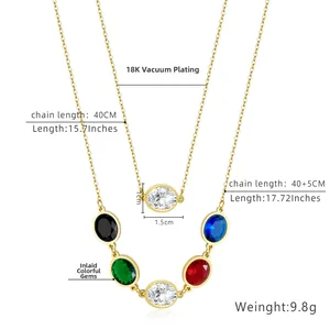 Detail of 18K vacuum plated double layer gold necklaces with colored crystal inlay