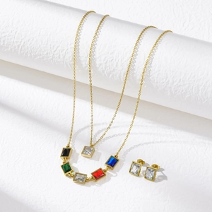 Double-layer stainless steel gold necklace set with colorful zircon rectangle pendants
