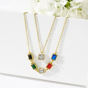 Double Layer Stainless Steel Necklace And Stud Earrings 18K Gold Plated Colorful Square Zircon Geometric Pendant Jewelry For Women