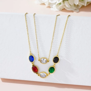 Dual-layer gold titanium steel necklace featuring multi-colored oval zircon pendants