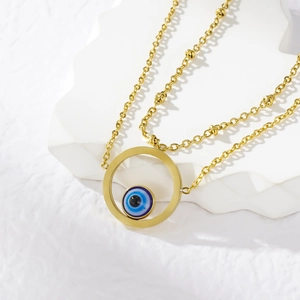 Double-layered gold stainless steel anklet with blue evil eye bead and golden ring charm