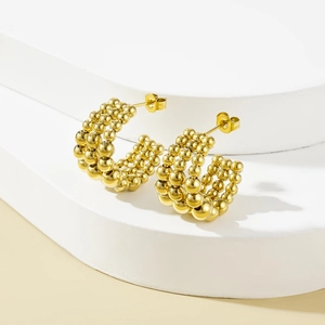 Retro 18K gold-plated stainless steel C-shaped earrings with textured beaded design