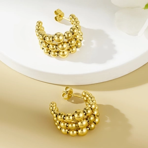 Vintage 18K gold plated C-shaped chunky beaded stud earrings for women in polished finish