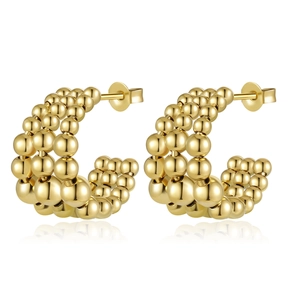 Chunky vintage 18K gold plated C-shaped triple-row bead earrings for women made of stainless steel