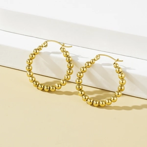 Beaded Hoop Earrings 18K Gold Plated Stainless Steel Geometric Retro Style Jewelry Gift For Women