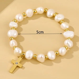 Natural freshwater pearl bracelet with gold cross pendant and 5cm inner diameter