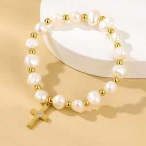 Baroque Freshwater Pearl Beaded Bracelet With Stainless Steel Gold Plated Cross Pendant Cubic Zirconia For Women Elegant