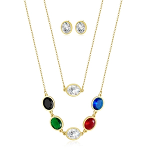 Double-layered gold-plated stainless steel necklace and oval zircon earring jewelry set