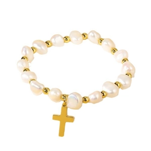 Baroque freshwater pearl and titanium steel bracelet with a gold cross pendant charm