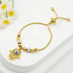 Hamsa Hand Evil Eye Adjustable Slider Bracelet 304 Stainless Steel 18K Gold Plated Rhinestone Snake Chain Women Jewelry