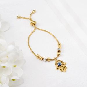 Golden Hamsa Hand Evil Eye adjustable snake chain bracelet with sparkling crystal accents