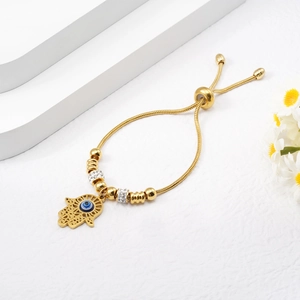 Gold Hamsa Hand and Evil Eye snake chain bracelet with adjustable slider clasp