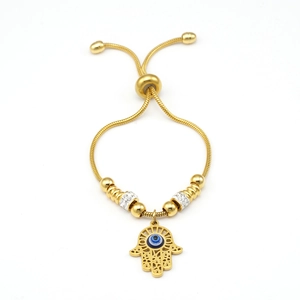Gold Hamsa Hand and Evil Eye charm bracelet with adjustable snake chain for women