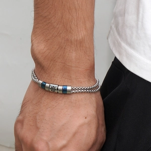 Men's double-layered stainless steel bracelet with blue nautical rudder beads