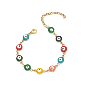 Golden titanium steel bracelet with multi-colored evil eye charms in enamel finish