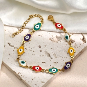 Bracelet Main De Hamsa Œil Mauvais Plaqué Or 18K Acier Inoxydable Émail Coloré Bijoux Amulette Pour Femme