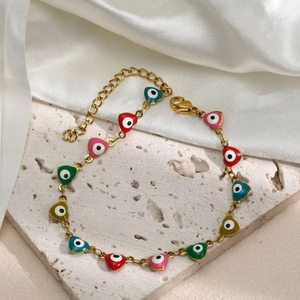 Bracelet Mauvais Œil Cœur Plaqué Or 18K Acier Inoxydable Émail Coloré Bijoux Chance Bohème Turc Pour Femme