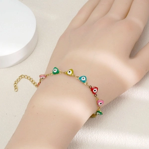 Bracelet cœur œil protecteur multicolore avec chaîne dorée et fermoir réglable au poignet
